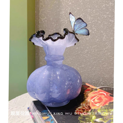 Xinke Middle Ancient Fenton Style Pink Gradient Retro French Style Pumpkin Glass Vase Home Flower-arranging Soft Decoration